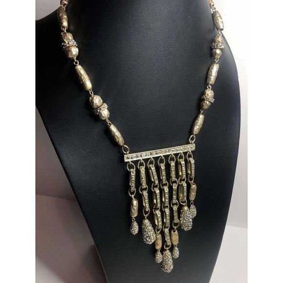 2088 CHICO'S gold tone nugget sparkling CZ bib beaded  statement necklace 17-20" - Picture 1 of 3